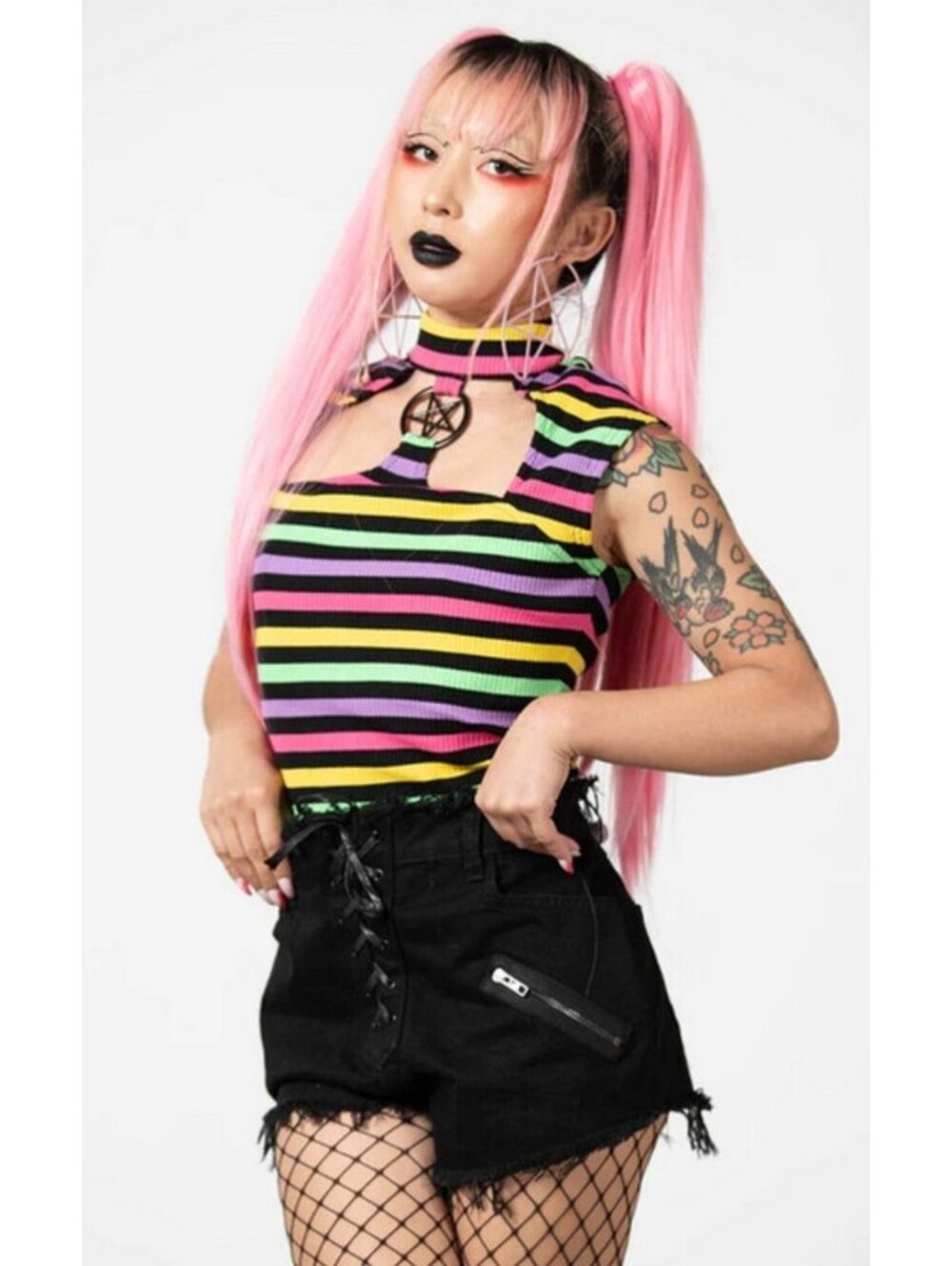 Killstar Rainbow Warrior Striped Top Ribbed Shirt Pentagram Size XS NEW